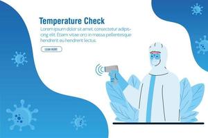 désinfection, personne en tenue de protection virale, avec thermomètre infrarouge numérique sans contact vecteur