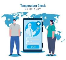 contrôle de la température par thermomètre sans contact et smartphone, vérification des nouvelles technologies, personnes en test vecteur