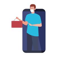 Shopping en ligne sur site Web ou mobile, homme portant un masque médical contre covid 19 avec signe accroché dans le smartphone vecteur