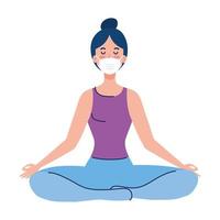Femme méditant portant un masque médical contre covid 19, concept pour le yoga, la méditation, se détendre, mode de vie sain