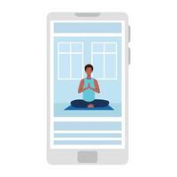 en ligne, concept de yoga, l'homme afro pratique le yoga et la méditation, regardant une émission sur un smartphone vecteur
