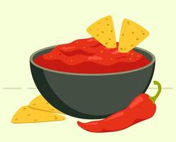 sauce salca dans le bol avec piment et nachos illustration vectorielle alimentaire dans un style plat vecteur