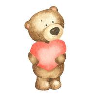 mignon petit ours brun tenant un coeur rouge. illustration aquarelle isolée sur fond blanc. peut être utilisé pour des affiches d'enfants, des cartes ou une douche de bébé vecteur