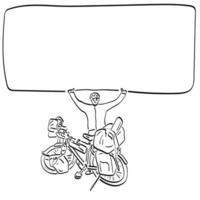 dessin au trait homme voyageur avec son vélo tenant un espace vide illustration vecteur dessiné à la main isolé sur fond blanc