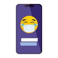 smartphone, emoji avec les yeux fermés et les larmes portant un masque médical sur fond blanc vecteur