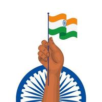 La main avec le drapeau de l'Inde et la roue bleu ashoka symbole indien sur fond blanc vecteur