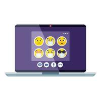 Emojis portant un masque médical en page sur appel vidéo, visages jaunes à l'aide d'un masque chirurgical blanc dans un ordinateur portable vecteur