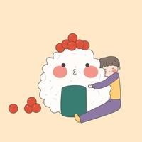 un garçon kawaii embrasse un onigiri. J'aime le concept d'onigiri. la cuisine japonaise traditionnelle. illustration plate de vecteur de stock