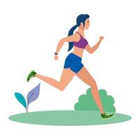 Femme qui court sur l'herbe, femme en jogging sportswear, athlète féminine sur fond blanc