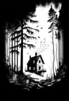 illustration de croquis de vecteur noir et blanc de maison d'horreur dans la forêt sombre