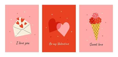 ensemble de jolies cartes de voeux pour la saint valentin. illustrations vectorielles avec éléments décoratifs festifs, coeur, enveloppe, bonbons et lettrage. cartes postales roses et rouges. vecteur