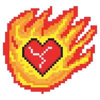 symbole de coeur brûlant de feu avec pixel art vecteur