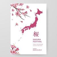 festival de sakura fleur de cerisier affiche de guide touristique du japon voyage à létranger avec illustration de fleurs et carte du japon vecteur