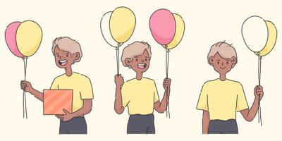 joyeux anniversaire garçon tenant des ballons une illustration de gens mignons vecteur