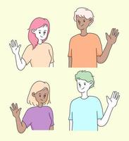 jolie fille et garçon agitant la main une illustration de personnes de voeux vecteur
