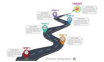 route avec infographie de la chronologie des épingles colorées avec des cadres de texte. infographie vectorielle. vecteur