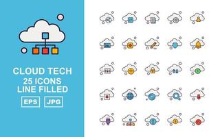 Pack d'icônes rempli de 25 lignes de technologie cloud premium vecteur