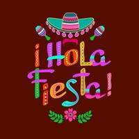 hola fiesta, logo décoré, lettres de dessin animé et symboles. illustration vectorielle. vecteur