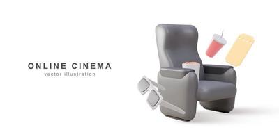 Siège de cinéma 3d réaliste avec accoudoirs confortables, billets, boisson, pop-corn et verres. illustration vectorielle. vecteur