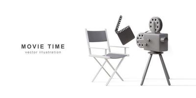 caméra rétro 3d, clap et chaise de réalisateur. illustration vectorielle. vecteur