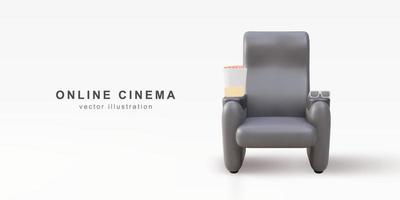 Siège de cinéma réaliste 3d avec coudes confortables, billets, pop-corn, lunettes. illustration vectorielle. vecteur