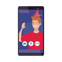 homme avec chapeau de fête sur la conception de vecteur de smartphone