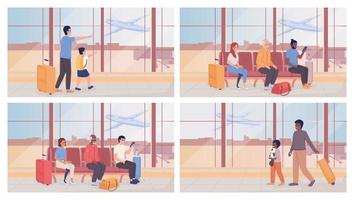 passer du temps dans le jeu d'illustrations vectorielles de couleur plate du salon de transit. passagers en attente avant l'embarquement. personnages de dessins animés simples 2d entièrement modifiables avec pack intérieur de terminal d'aéroport en arrière-plan vecteur