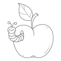 pomme avec livre de coloriage de chenille pour les enfants. coloriage. illustration monochrome en noir et blanc. illustration vectorielle pour enfants. vecteur