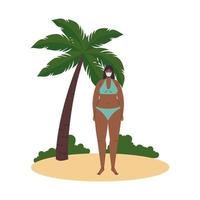 dessin animé fille avec bikini et masque médical à la conception de vecteur de plage