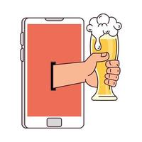 communication à distance, main tenant un verre de bière à travers l'écran du smartphone vecteur