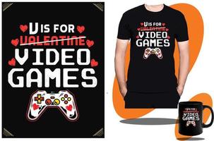 v est pour la conception de t-shirt de jeux vidéo de la Saint-Valentin ou la conception et le vecteur de t-shirt pour enfants de jeu