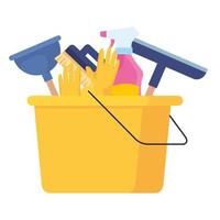 Service de nettoyage, seau avec outils de nettoyage, sur fond blanc vecteur