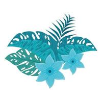 fleurs de couleur bleue, avec branche et feuilles tropicales sur fond blanc vecteur