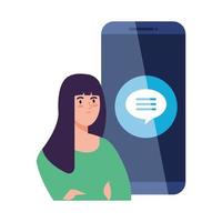concept de médias sociaux, femme avec bulle de dialogue dans le smartphone vecteur