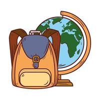 symbole de l'école, sac à dos avec l'approvisionnement scolaire de la planète terre du monde vecteur