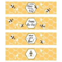 étiquettes de bouteilles d'eau imprimables pour la fête des abeilles. modèle de bannière horizontale d'anniversaire. ensemble d'étiquettes de boisson au miel sucré jaune mignon. conception de décoration de fête d'enfants. étiquettes de bouteille d'eau d'abeille. illustration vectorielle. vecteur