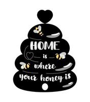 signe de cuisine d'abeille noire, décor de signe de bienvenue de ruche à la maison. joli symbole de miel la maison des abeilles est l'endroit où votre miel est un texte. devis de bienvenue à la maison. apiculture, label apicole. illustration vectorielle. élément dessiné à la main. vecteur