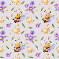 modèle sans couture de vecteur avec des abeilles de dessin animé, du miel, des fleurs sur un fond violet. idéal pour les textiles, papiers peints, arrière-plans