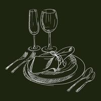un croquis dessiné à la main d'un service de table pour une cérémonie de mariage. préparation de la cérémonie de mariage. assiettes, flûtes à champagne, couteau, cuillère, fourchette, serviette, verre à vin. portion. sur fond sombre vecteur