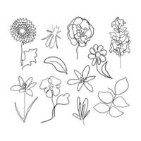 fleurs, feuilles et insectes dessinés à la main. ensemble vectoriel d'éléments pour la conception. illustration en noir et blanc