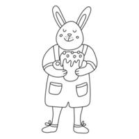 un drôle de lapin ou lapin mâle souriant avec un gâteau de pâques. il porte un pantalon avec des poches et des bretelles. illustration de vecteur dessiné à la main isolé sur fond blanc. style de griffonnage. contour noir.