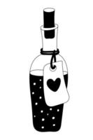 bouteille de potion ou boisson d'amour décorée d'une étiquette en forme de coeur. décoration de la saint valentin. illustration vectorielle doodle pour la conception d'affiches et de cartes de voeux isolée sur blanc. contour noir. vecteur