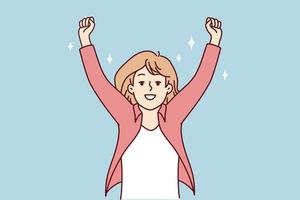 une femme souriante lève la main pour célébrer le succès ou la promotion. une femme heureuse se sent euphorique avec la victoire ou la victoire. illustration vectorielle. vecteur