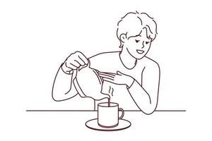 jeune homme assis au bureau versant du thé dans une tasse de bouilloire. un gars souriant savoure un café chaud dans une tasse à la maison. illustration vectorielle. vecteur