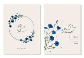 invitation de mariage rustique mignonne avec des fleurs bleues de champ, des bleuets. modèle de vecteur