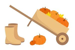 ensemble de récolte d'automne. bottes en caoutchouc, chariot de jardin. illustration vectorielle de citrouilles et de feuilles jaunes. vecteur