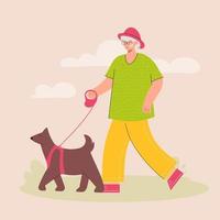 heureuse femme âgée marchant avec un chien dans le parc. promenez votre chien mois. activité de plein air avec animal de compagnie. illustration vectorielle à la mode dans un style plat. vecteur
