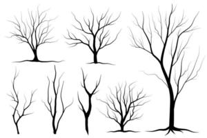 arbre de branche noire ou ensemble de silhouettes d'arbres nus. illustrations isolées dessinées à la main. vecteur