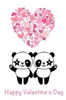carte de saint valentin avec des pandas et des coeurs mignons. la notion d'amour. Illustration sur un fond blanc. vecteur
