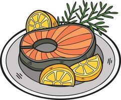steak de saumon dessiné à la main sur une illustration de plaque dans un style doodle vecteur